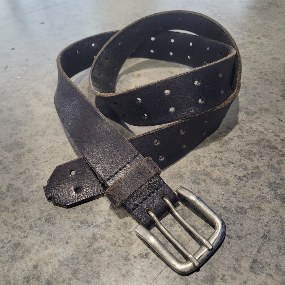 Black Leather Belt Men XL Double Prong Distressed Utility Rugged Grunge Punk